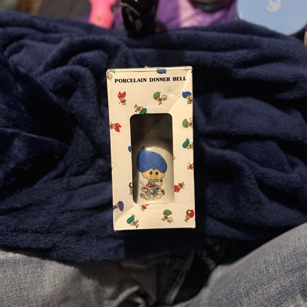 Vintage Trolls Porcelain Dinner Bell w/ Original Box Blue Hair Collectible